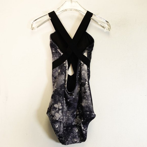 Vintage Swimsuit Women XS One Piece Black Floral Cut Out Galaxy Keyhole Unpadded - Picture 7 of 8